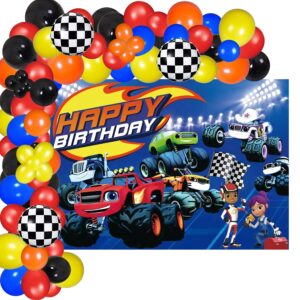106 pcs monster machine party decorations ,monster truck party supplies set including monster truck themed photo backdrop and balloons for kid birthday party decorations