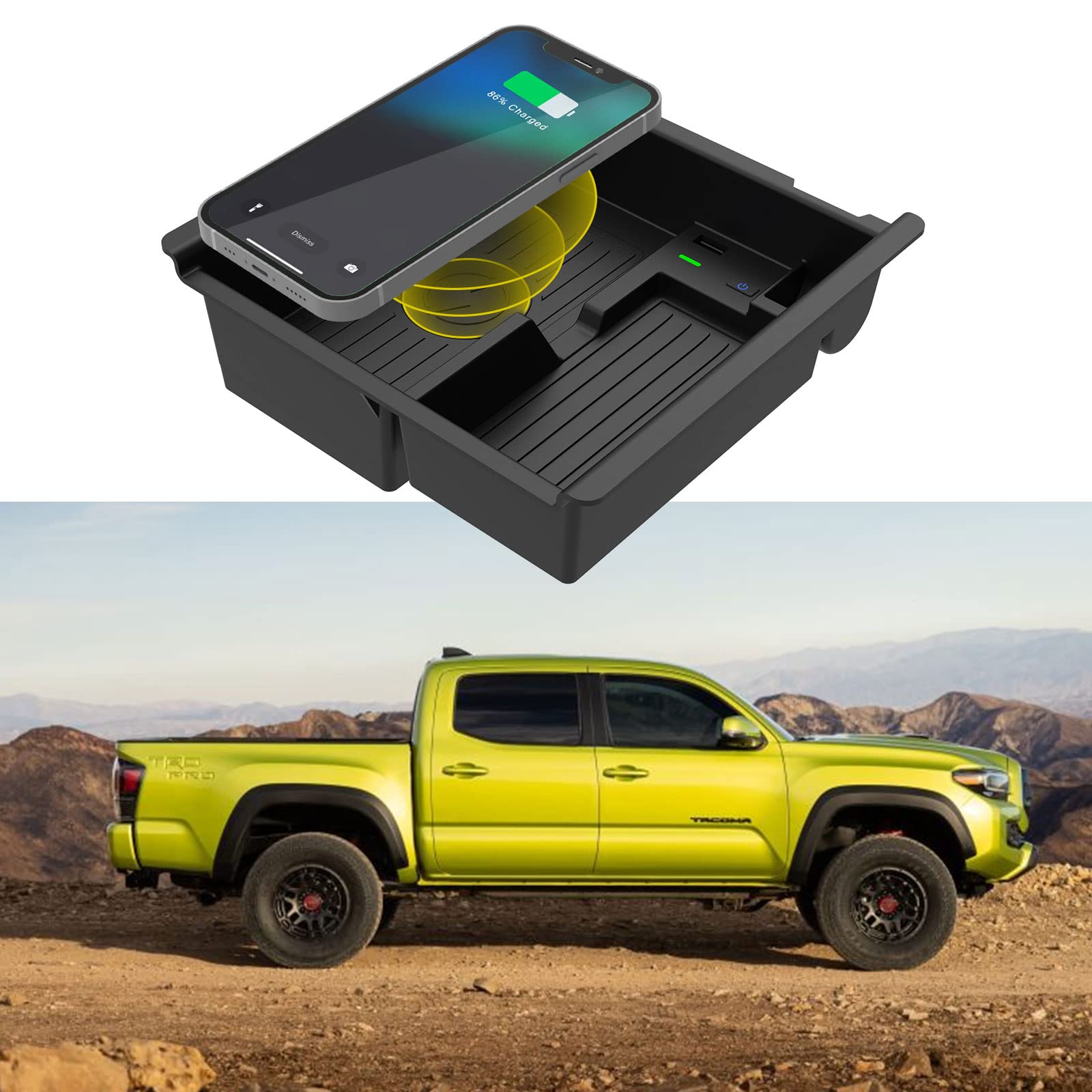 CarQiWireless for Toyota Tacoma Accessories 2016-2022 2023 2024,Wireless Charger & Center Console Organizer Tray for Toyota Tacoma 2016 2017 2018 2019 2020 2021-2023 2024 TRD PRO Offroad Trail Truck