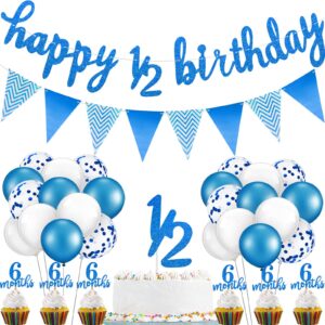 half birthday decorations 6 months baby boy banner cupcake topper pick 1/2 half year cake topper triangle flag banner confetti balloons for girl boy baby shower (dark blue)