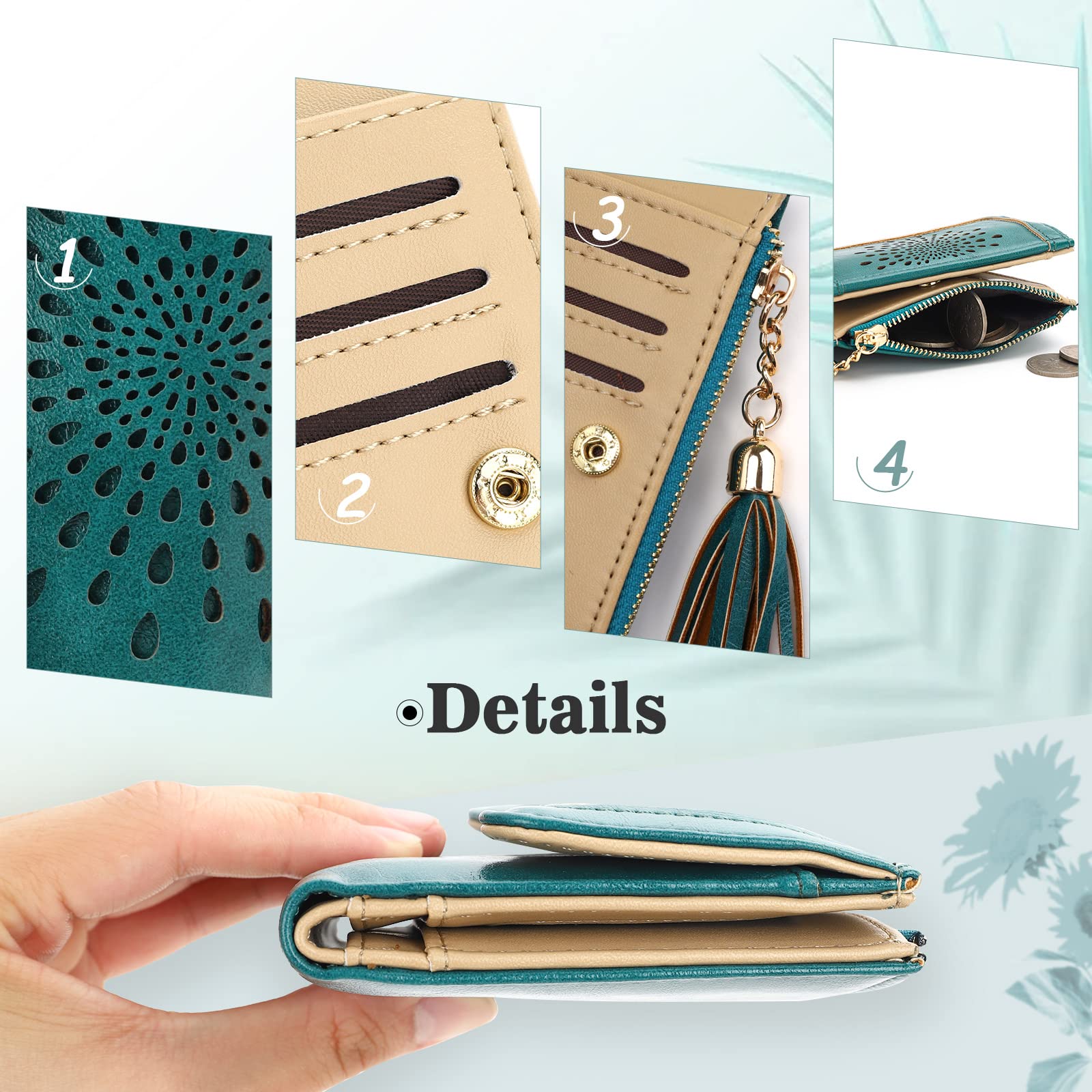 APHISON Small Wallet for Women, Sunflower RFID Wallet Women Leather Womens Wallet Cute Compact Bifold Wallets Zipper Tassel Coin Purse ID Card Holder Peacock Blue