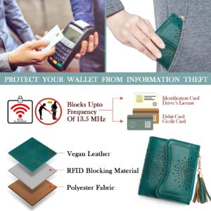 APHISON Small Wallet for Women, Sunflower RFID Wallet Women Leather Womens Wallet Cute Compact Bifold Wallets Zipper Tassel Coin Purse ID Card Holder Peacock Blue