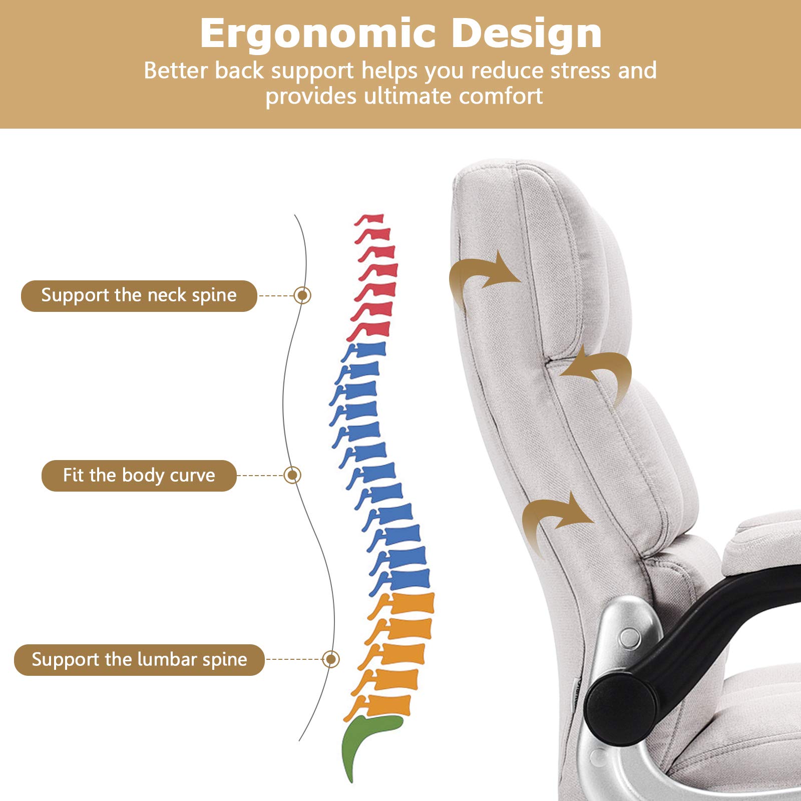 POWERSTONE Ergonomic Office Chair Big and Tall High-Back Executive Computer Desk Chair Upholstered Comfortable Home Office Chair with Flip-up Arms 400 LBS, Beige