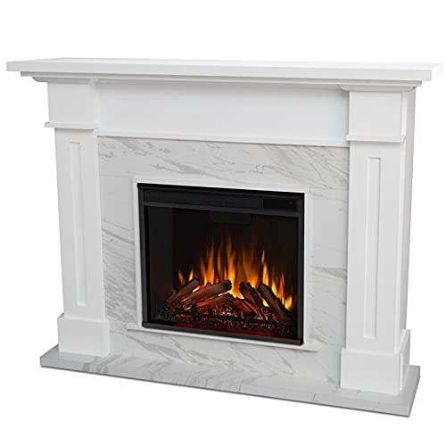 BOWERY HILL Solid Wood Electric Fireplace with Mantel, Remote Control, Power Cord and Hardware, Adjustable Thermostat, Assembly Required, in White Marble Finish