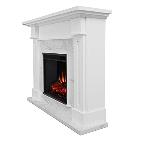 BOWERY HILL Solid Wood Electric Fireplace with Mantel, Remote Control, Power Cord and Hardware, Adjustable Thermostat, Assembly Required, in White Marble Finish