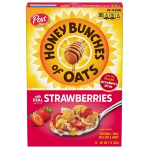honey bunches of oats with strawberries breakfast cereal, strawberry cereal with oats and granola clusters, 11 oz box