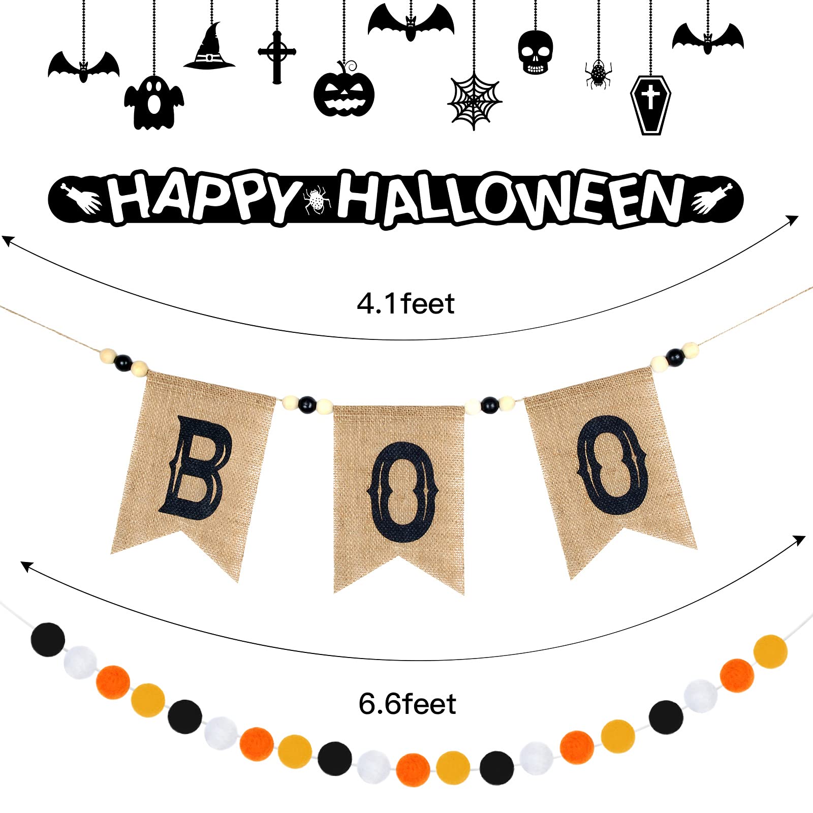 Halloween Banner Burlap Boo Banner Fireplace Banner Wool Felt Ball Garland Happy Halloween Banner Halloween Decor for Party Halloween Birthday Fireplace Carnival Decorations