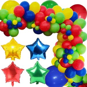 toy carnival balloon garland kit, 112 pcs blue green red yellow balloon arch with star foil balloons for toy carnival theme video game birthday party rainbow party