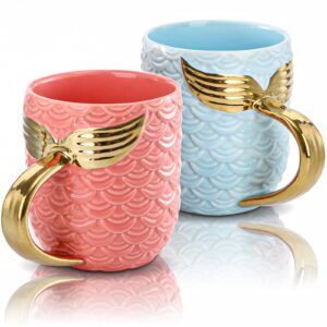youeon 2 pack 15 oz mermaid mugs with gold tail handle, cute coffee mugs with gift box, ceramic mug set, big tea cup, gift mugs for men, women, kids, birthday, valentine, wedding
