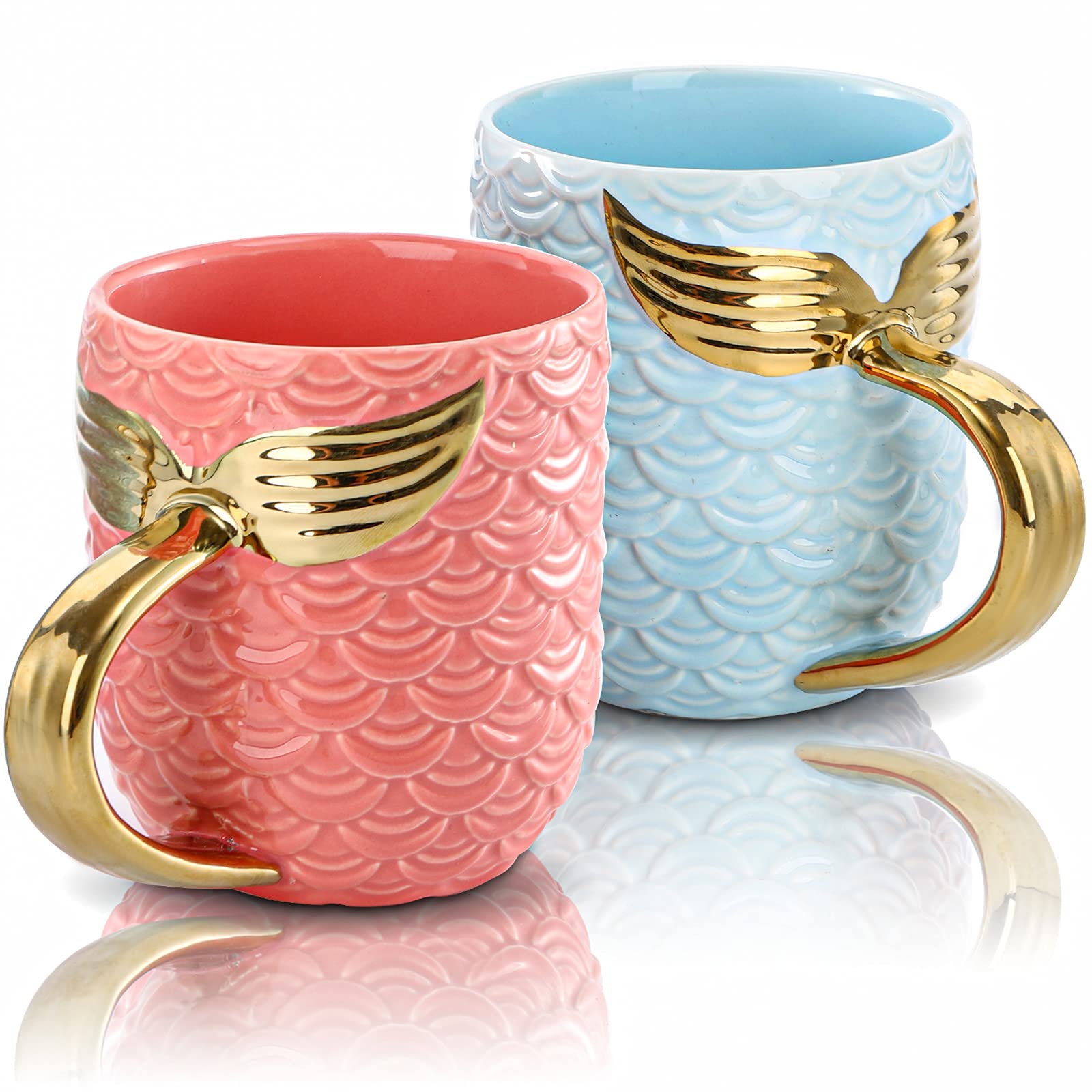 Youeon 2 Pack 15 Oz Mermaid Mugs with Gold Tail Handle, Cute Coffee Mugs with Gift Box, Ceramic Mug Set, Big Tea Cup, Gift Mugs for Men, Women, Kids, Birthday, Valentine, Wedding