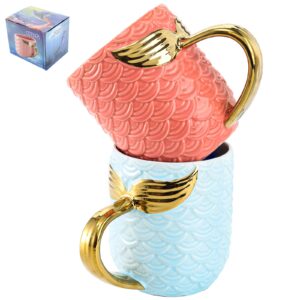 Youeon 2 Pack 15 Oz Mermaid Mugs with Gold Tail Handle, Cute Coffee Mugs with Gift Box, Ceramic Mug Set, Big Tea Cup, Gift Mugs for Men, Women, Kids, Birthday, Valentine, Wedding