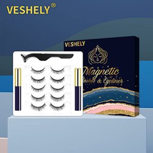 VESHELY Natural Magnetic Eyelashes with Eyeliner Kit,5 Pairs Short Small Magnetic Eyelashes Natural Look and 2 Tubes Magnetic Eyeliner Waterproof,3D False Fake Lashes Magnetic Reusable-No Glue Needed