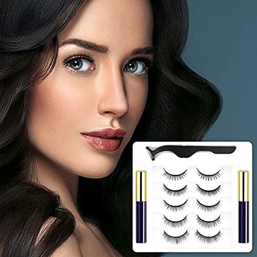 VESHELY Natural Magnetic Eyelashes with Eyeliner Kit,5 Pairs Short Small Magnetic Eyelashes Natural Look and 2 Tubes Magnetic Eyeliner Waterproof,3D False Fake Lashes Magnetic Reusable-No Glue Needed