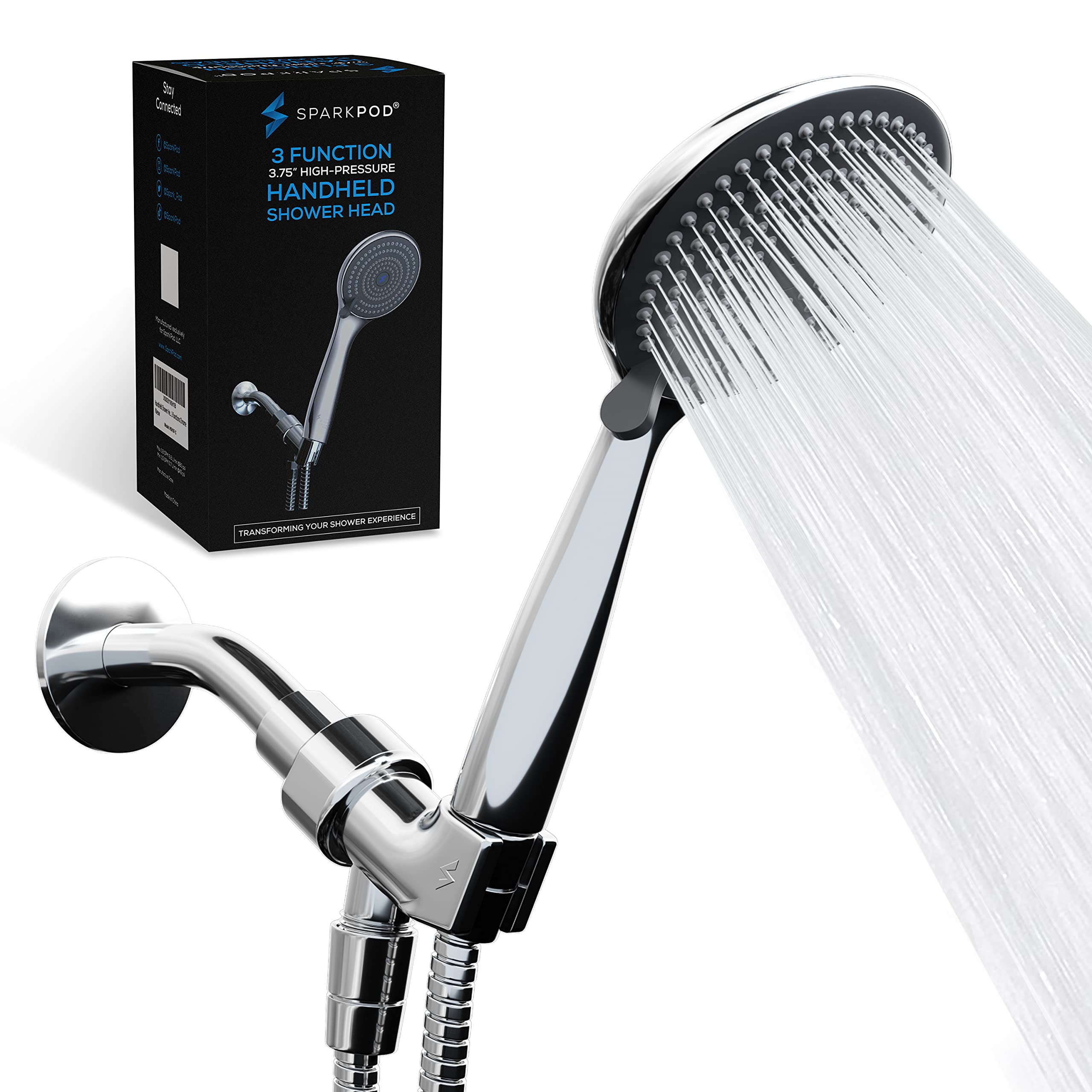 SparkPod High Pressure 3-Function Handheld Shower Head with 5 ft. Hose and Bracket - 3.75" Wide Angle Rain, Massage & Full Body Spray Modes - 1-Min Installation (Luxury Polished Chrome)