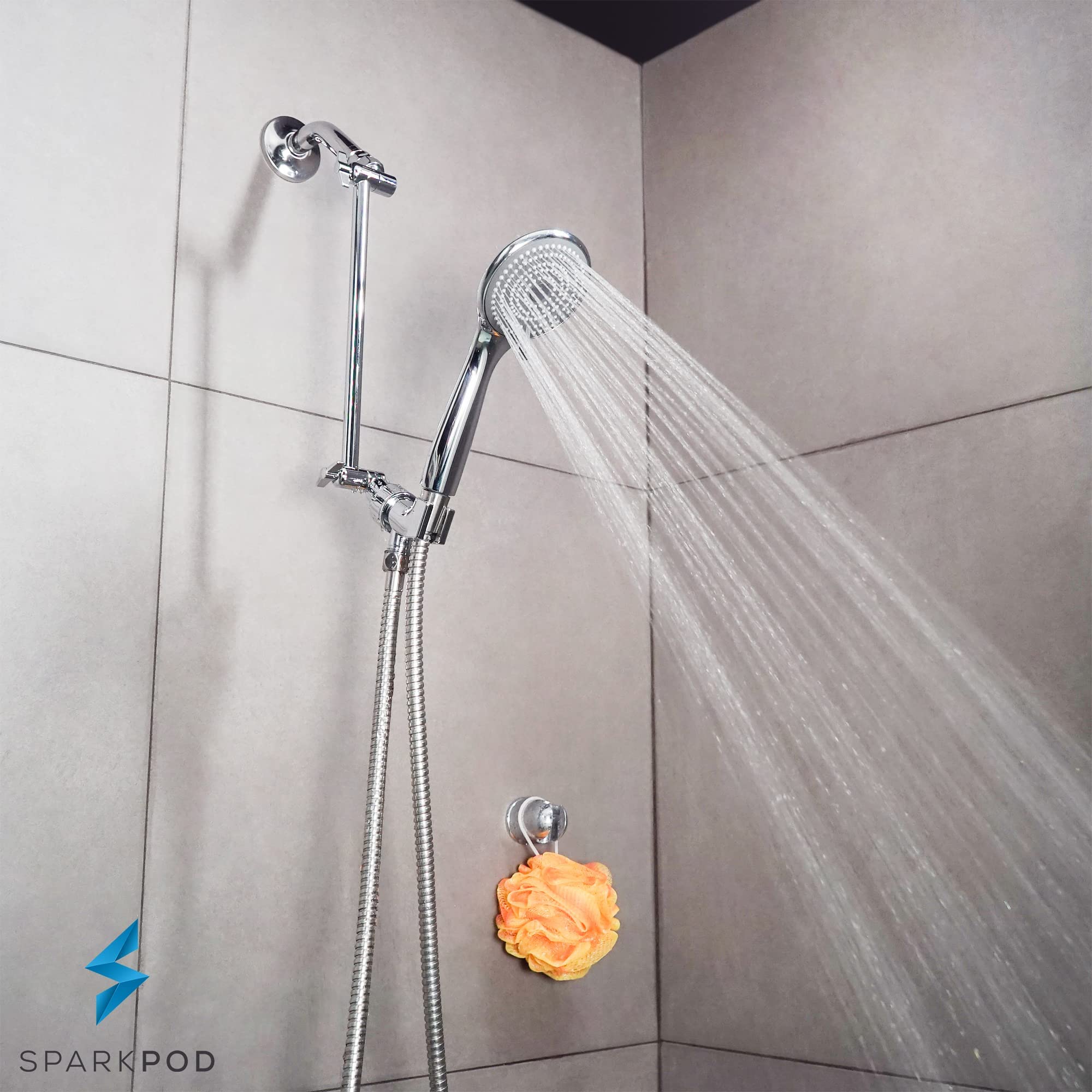 SparkPod High Pressure 3-Function Handheld Shower Head with 5 ft. Hose and Bracket - 3.75" Wide Angle Rain, Massage & Full Body Spray Modes - 1-Min Installation (Luxury Polished Chrome)