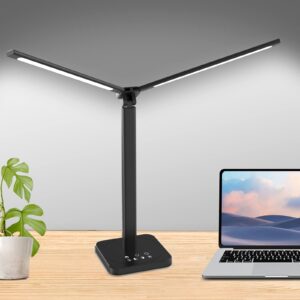mostorlit double head led desk lamp, eye caring double swing arm table lamps, usb powered reading light, lamp with 5 steps dimming and 5 colors for home, office, bedroom, dormitory/black