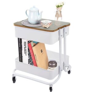 2 tier metal utility rolling cart storage organizer with cover board, mobile trolley sofa side table with wheels for office home kitchen organization, white