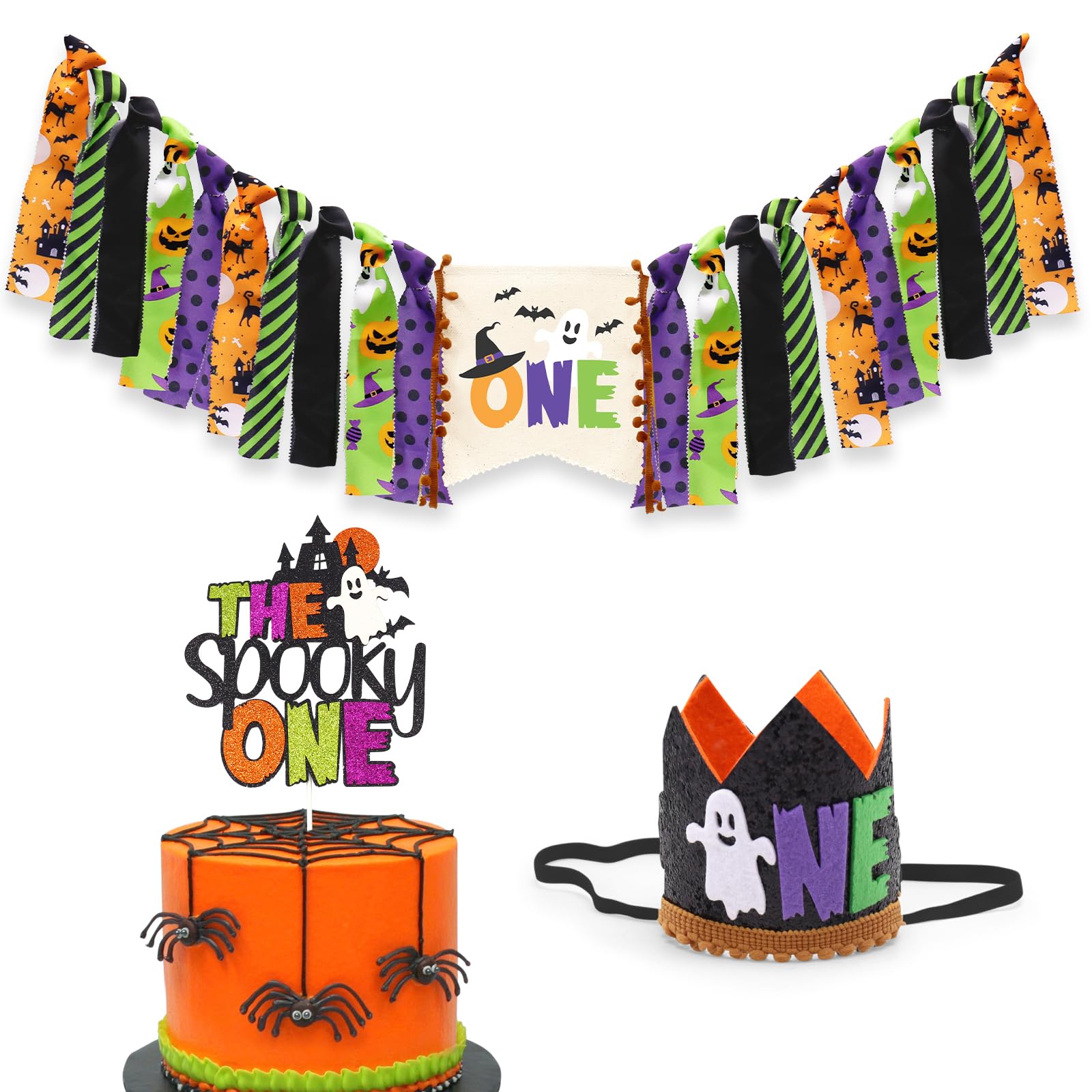 Halloween First Birthday Highchair Banner Orange Purple Green Halloween Themed Birthday Party Decorations Baby 1st Birthday Decors Bat Spider Web Spooky One Birthday Hat Cake Topper Photo Props Sets