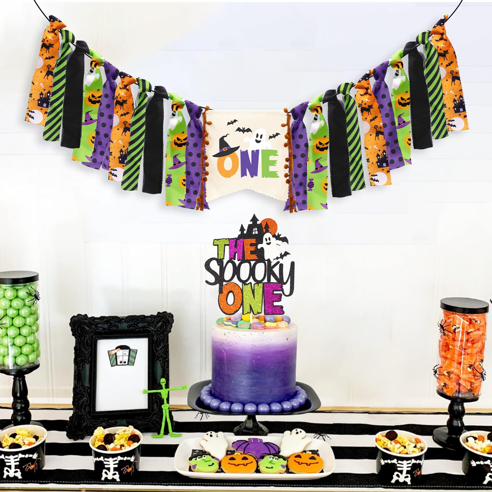 Halloween First Birthday Highchair Banner Orange Purple Green Halloween Themed Birthday Party Decorations Baby 1st Birthday Decors Bat Spider Web Spooky One Birthday Hat Cake Topper Photo Props Sets