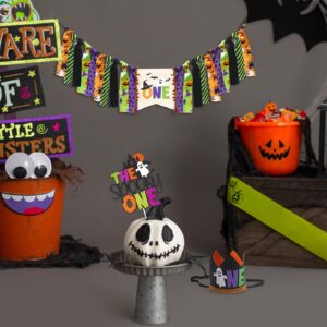 Halloween First Birthday Highchair Banner Orange Purple Green Halloween Themed Birthday Party Decorations Baby 1st Birthday Decors Bat Spider Web Spooky One Birthday Hat Cake Topper Photo Props Sets