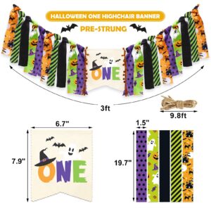 Halloween First Birthday Highchair Banner Orange Purple Green Halloween Themed Birthday Party Decorations Baby 1st Birthday Decors Bat Spider Web Spooky One Birthday Hat Cake Topper Photo Props Sets