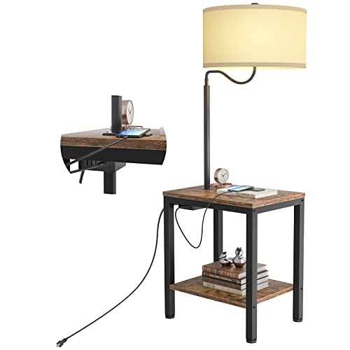 LityMax LED Floor Lamp with Table - Rustic End Table with USB Charging Port, Power Outlet, Bedside Nightstand Shelves, Side Table with Reading Standing Light for Living Room, Bedroom, Bulb Included