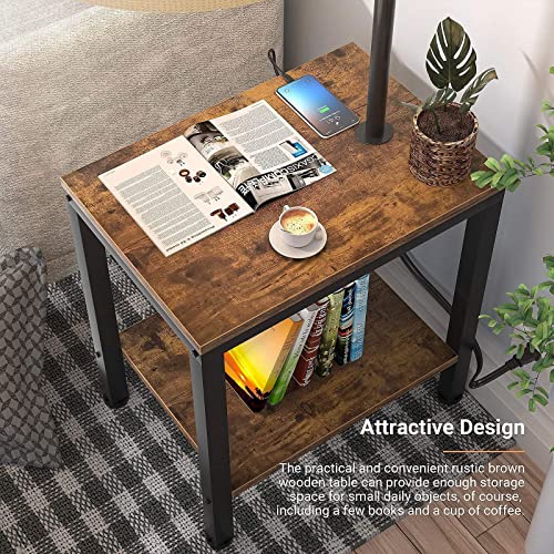 LityMax LED Floor Lamp with Table - Rustic End Table with USB Charging Port, Power Outlet, Bedside Nightstand Shelves, Side Table with Reading Standing Light for Living Room, Bedroom, Bulb Included
