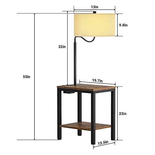 LityMax LED Floor Lamp with Table - Rustic End Table with USB Charging Port, Power Outlet, Bedside Nightstand Shelves, Side Table with Reading Standing Light for Living Room, Bedroom, Bulb Included