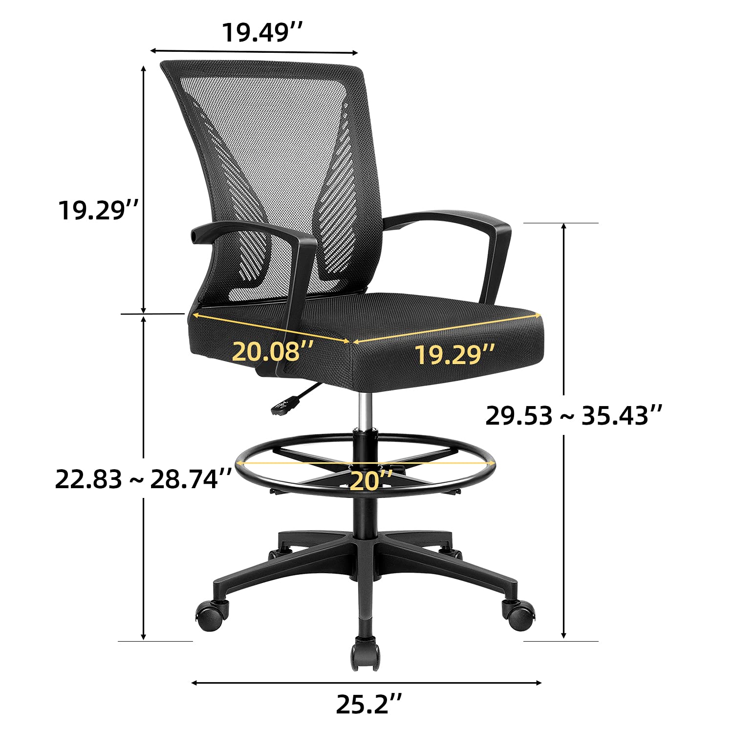 Furmax Drafting Chair Tall Office Chair with Ergonomic Back Drafting Table Chair Adjustable Standing Desk Chair with Footrest Ring and Arms