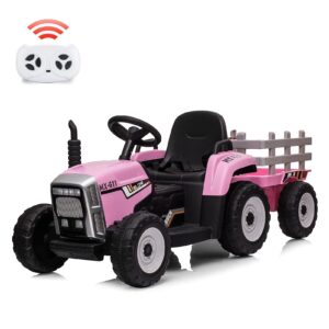 nasitip 12v kids battery powered electric tractor with trailer, toddler ride on car w/remote control/ 7-led headlights/ 2+1 gear shift/ mp3 player/usb port for kids 3-6 years (pink, 25w/ tread tire)