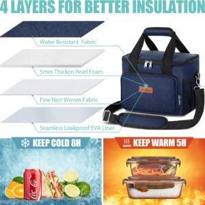 Tiblue Insulated Reusable Lunch Box for Office Work School Picnic Beach, Leakproof Freezable Cooler Bag with Adjustable Shoulder Strap (Medium, Dark Blue)