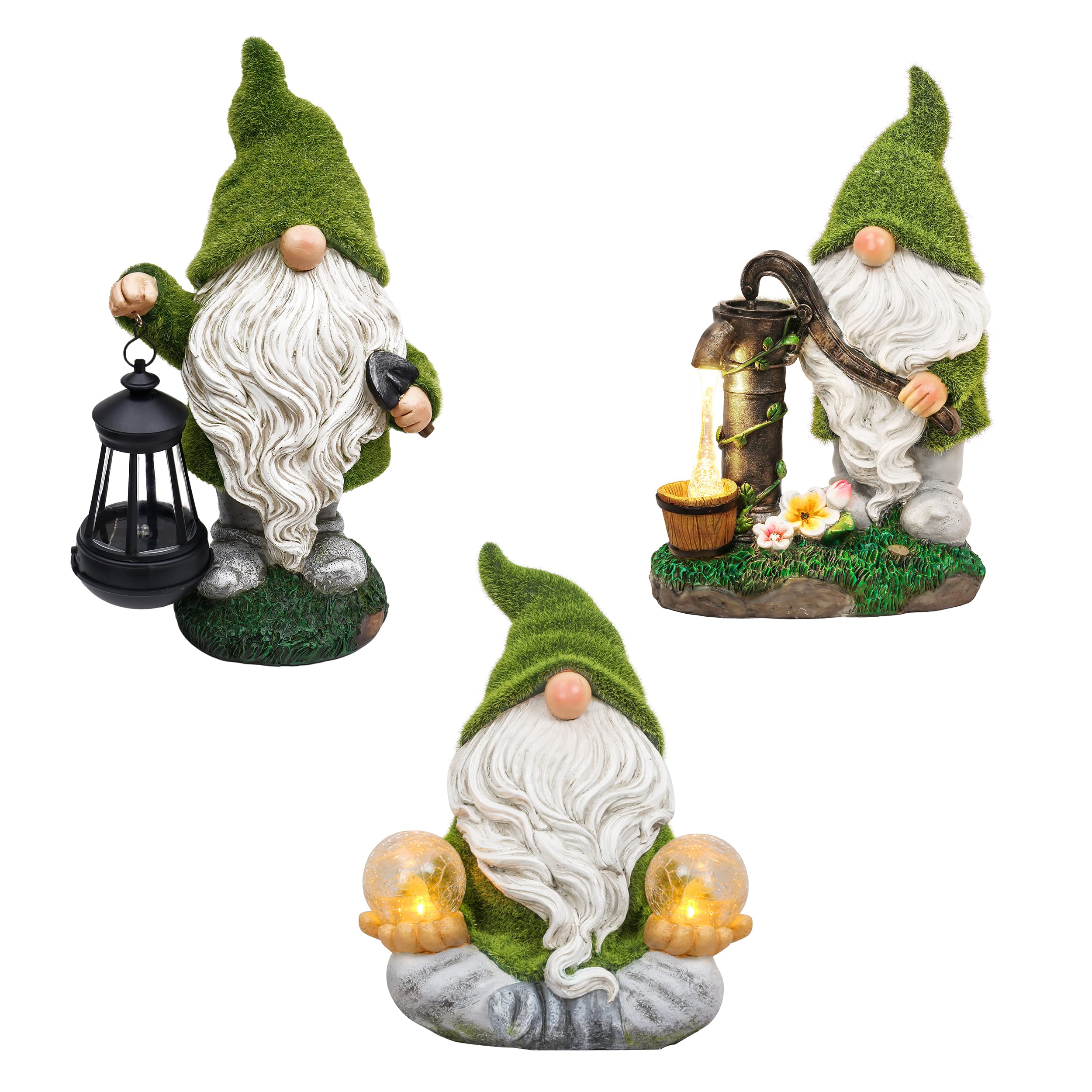 TERESA'S COLLECTIONS Flocked Solar Garden Gnome Statue Decoration Bundle (3 Items) | Outdoor Gnome with Lantern, Yoga Gnome and Funny Garden Gnome