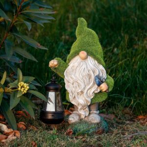 TERESA'S COLLECTIONS Flocked Solar Garden Gnome Statue Decoration Bundle (3 Items) | Outdoor Gnome with Lantern, Yoga Gnome and Funny Garden Gnome