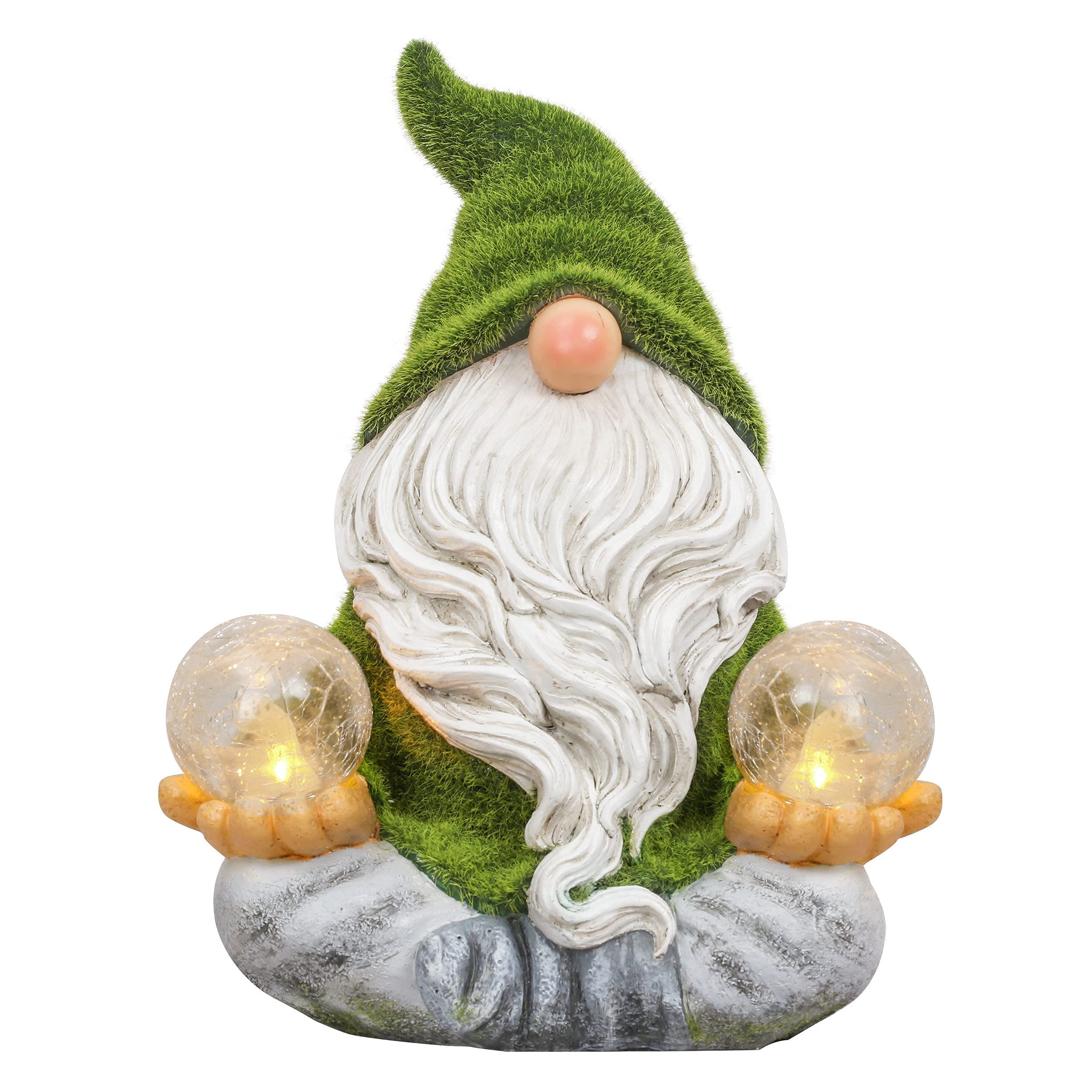 TERESA'S COLLECTIONS Flocked Solar Garden Gnome Statue Decoration Bundle (3 Items) | Outdoor Gnome with Lantern, Yoga Gnome and Funny Garden Gnome