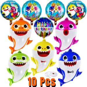 funton 10pcs baby shark helium balloons with 10 meter ribbon, 26 inches baby shark balloons, baby shark party supplies, baby shark birthday decorations