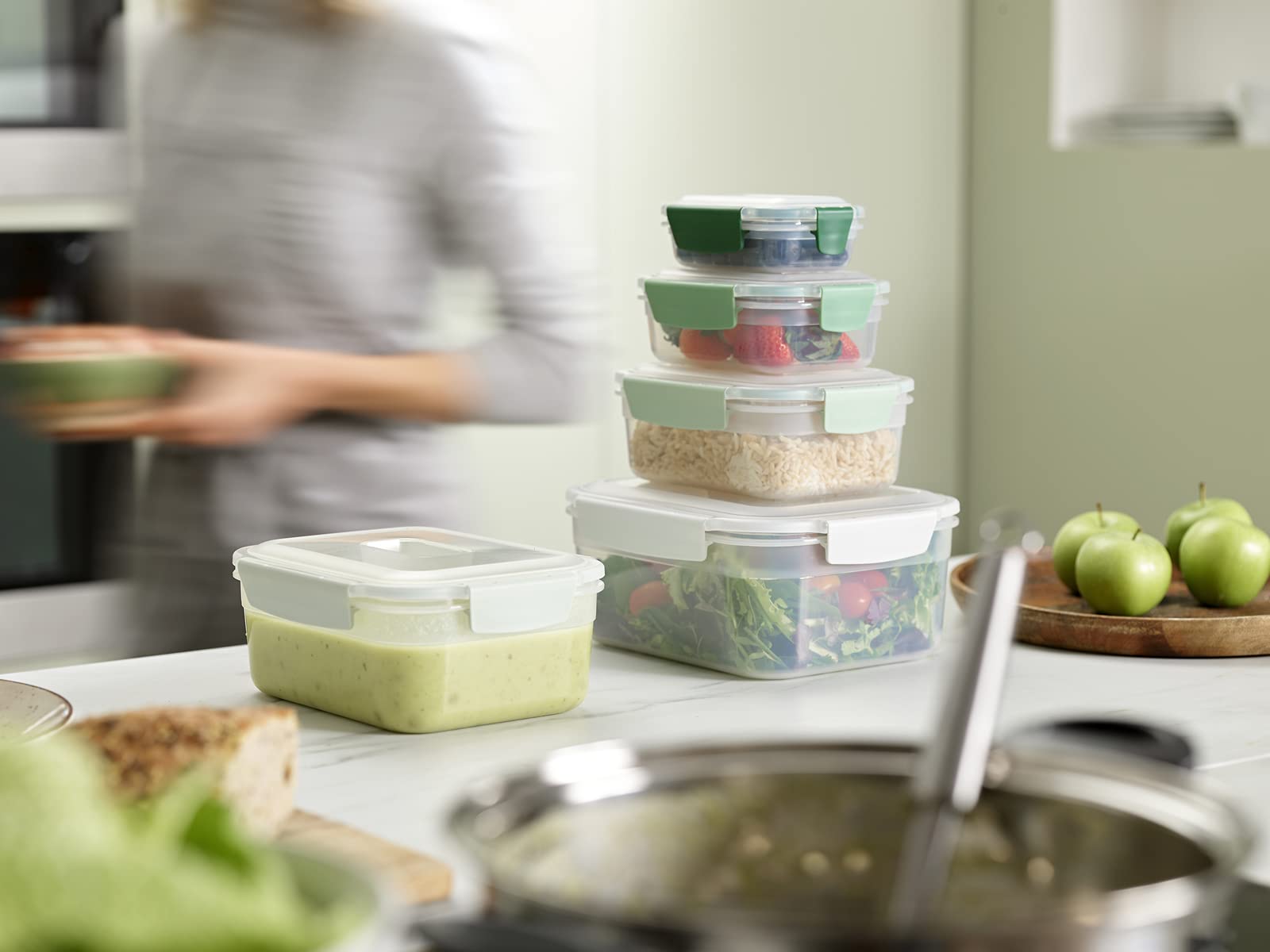 Joseph Joseph Nest Lock, 5 Piece Plastic Food Storage Container set with lids, Leak Proof, Airtight, Space Saving, Kitchen Storage - Sage Green