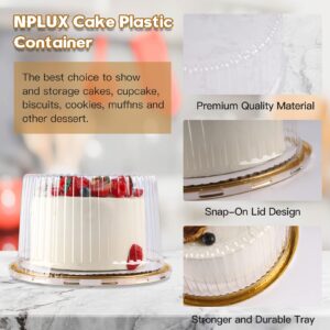 NPLUX 10 Inch Plastic Cake Carriers Gold Cake Containers with Lid and White Cake Boards, Clear Cupcake Holder for 1-2 Layer Cheesecake, Bundt Cake Pie Bakery Supplies (5 Pack)