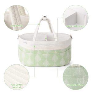 Homlynn Baby Diaper Caddy Organizer Diaper Storage Basket Large Tote Bag & Car Organizer, Nursery Storage Bin for Baby Accessory, 100% Cotton Rope, Machine-washable(Green, with Stroller Hooks)