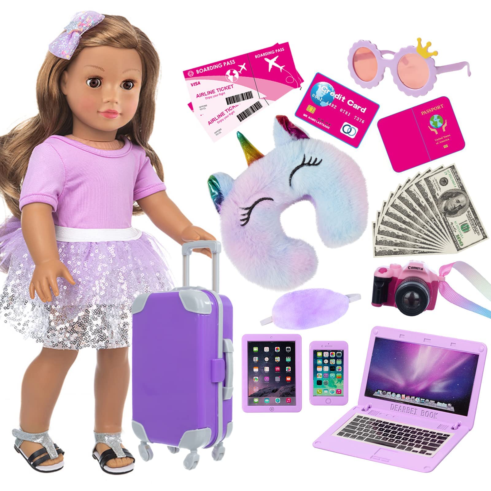 ZNTWEI American 18 Inch Doll Travel Suitcase Play Set with 18 Inch Doll Clothes and Accessories Including Sunglasses Camera Computer Phone Ipad Travel Pillow ect