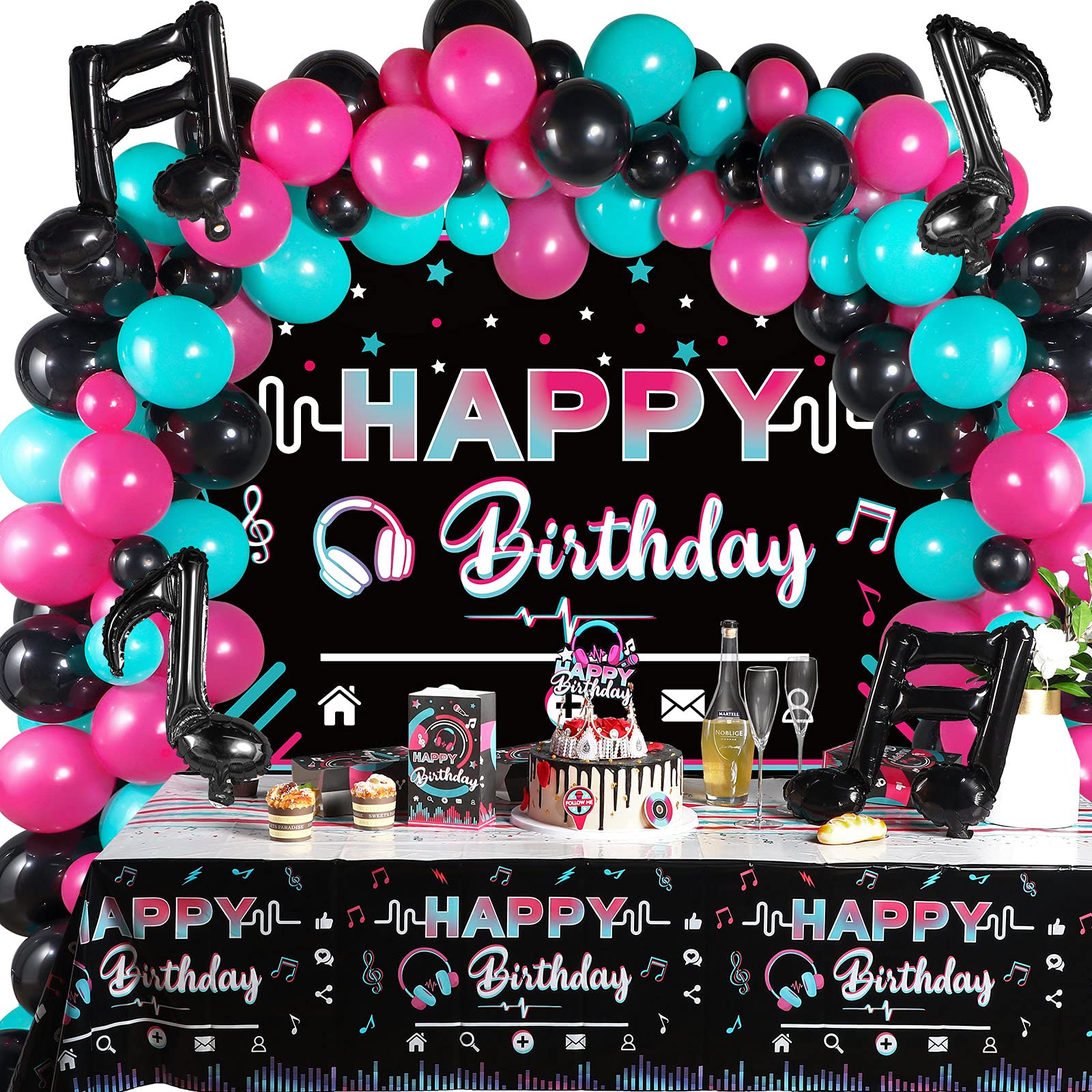 Music Happy Birthday Party Decorations Musical Social Media Birthday Party Supplies Includes Backdrop Tablecloth Music Note Balloons and Latex Balloons for Girls Music Birthday Party Photography