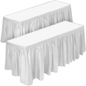 decorrack 2 pack table skirts, 29 in x 14 ft each, multi pack -bpa free- plastic tableskirt, disposable, reusable, rectangular tablecloth skirt, white (2 pack)