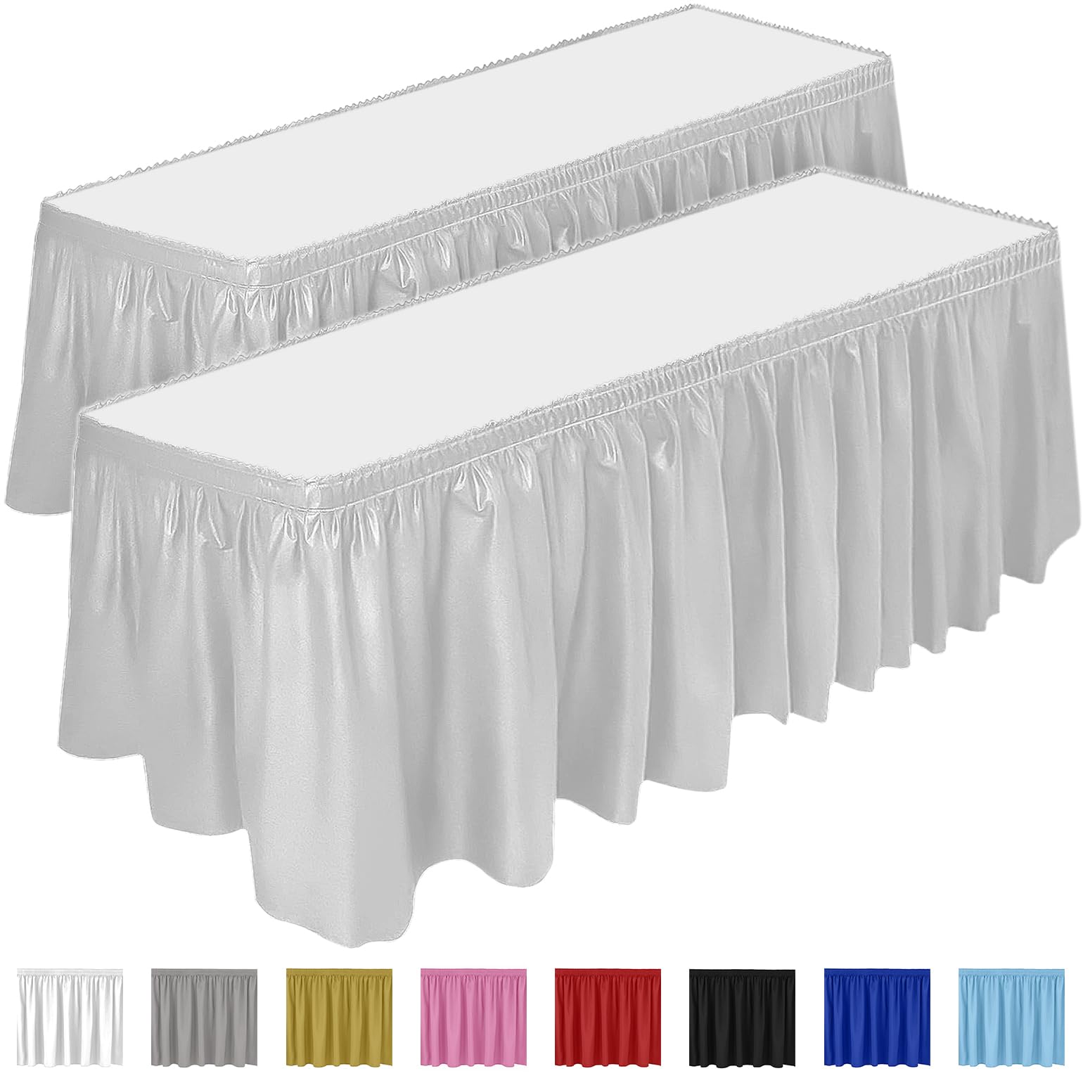 DecorRack 2 Pack Table Skirts, 29 in x 14 ft Each, Multi Pack -BPA Free- Plastic Tableskirt, Disposable, Reusable, Rectangular Tablecloth Skirt, White (2 Pack)