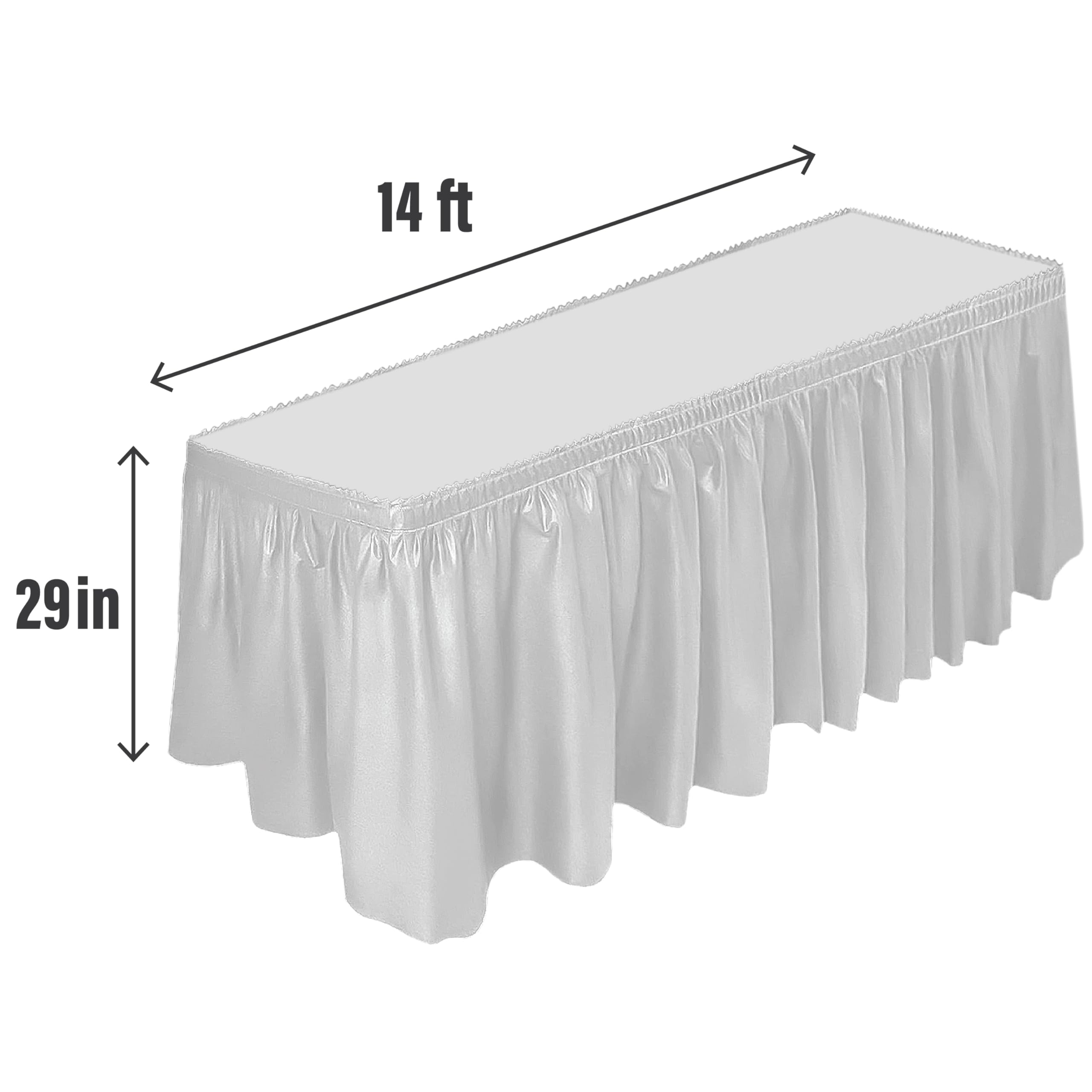 DecorRack 2 Pack Table Skirts, 29 in x 14 ft Each, Multi Pack -BPA Free- Plastic Tableskirt, Disposable, Reusable, Rectangular Tablecloth Skirt, White (2 Pack)