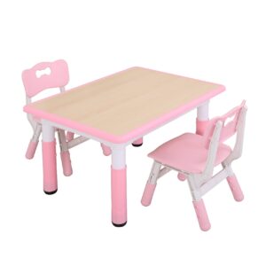 unicoo - kids study table and chairs set, height adjustable plastic children art desk with 2 seats, kids multi activity table set (maple top with pink border) by-60-mp