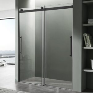 anzzi 76" x 60" frameless shower door in matte black, stella water repellent glass shower door with seal strip parts and handle, easy glide rollers sliding shower door (sd-frls05902mb)