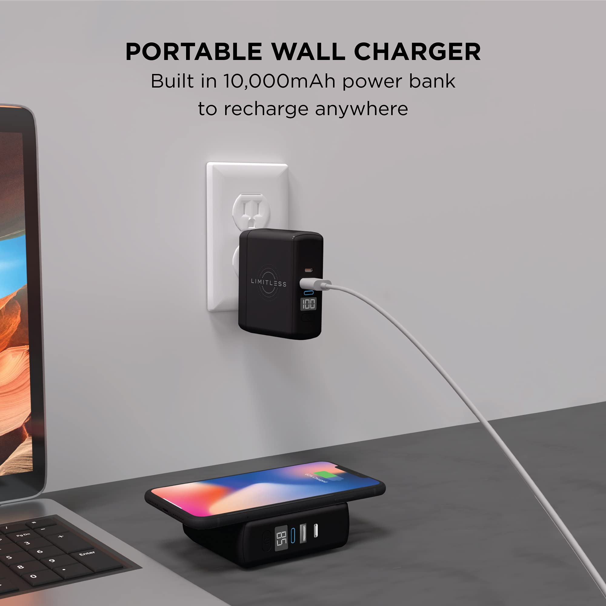 Limitless PowerPro Go 10,000mAh Power Bank 3-in-1 Wall Charger with Type-C Power Delivery, USB-A, & Qi Wireless Charging, Digital Display & Fast Charging for iPhone Android, Samsung (Black)