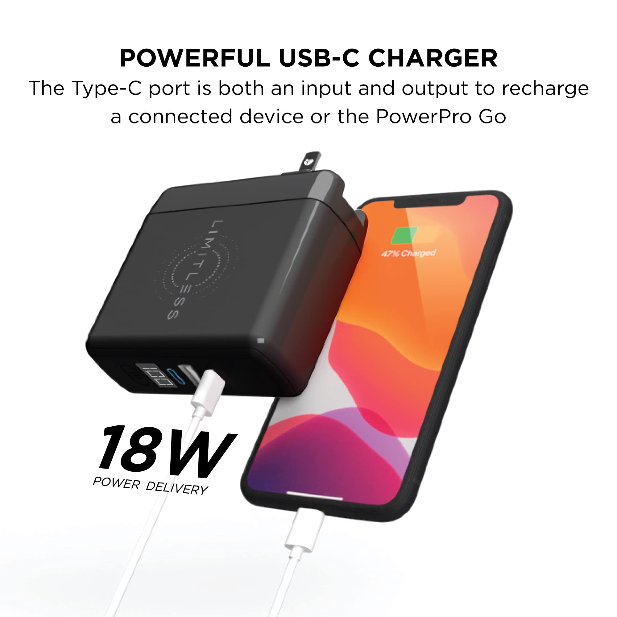 Limitless PowerPro Go 10,000mAh Power Bank 3-in-1 Wall Charger with Type-C Power Delivery, USB-A, & Qi Wireless Charging, Digital Display & Fast Charging for iPhone Android, Samsung (Black)