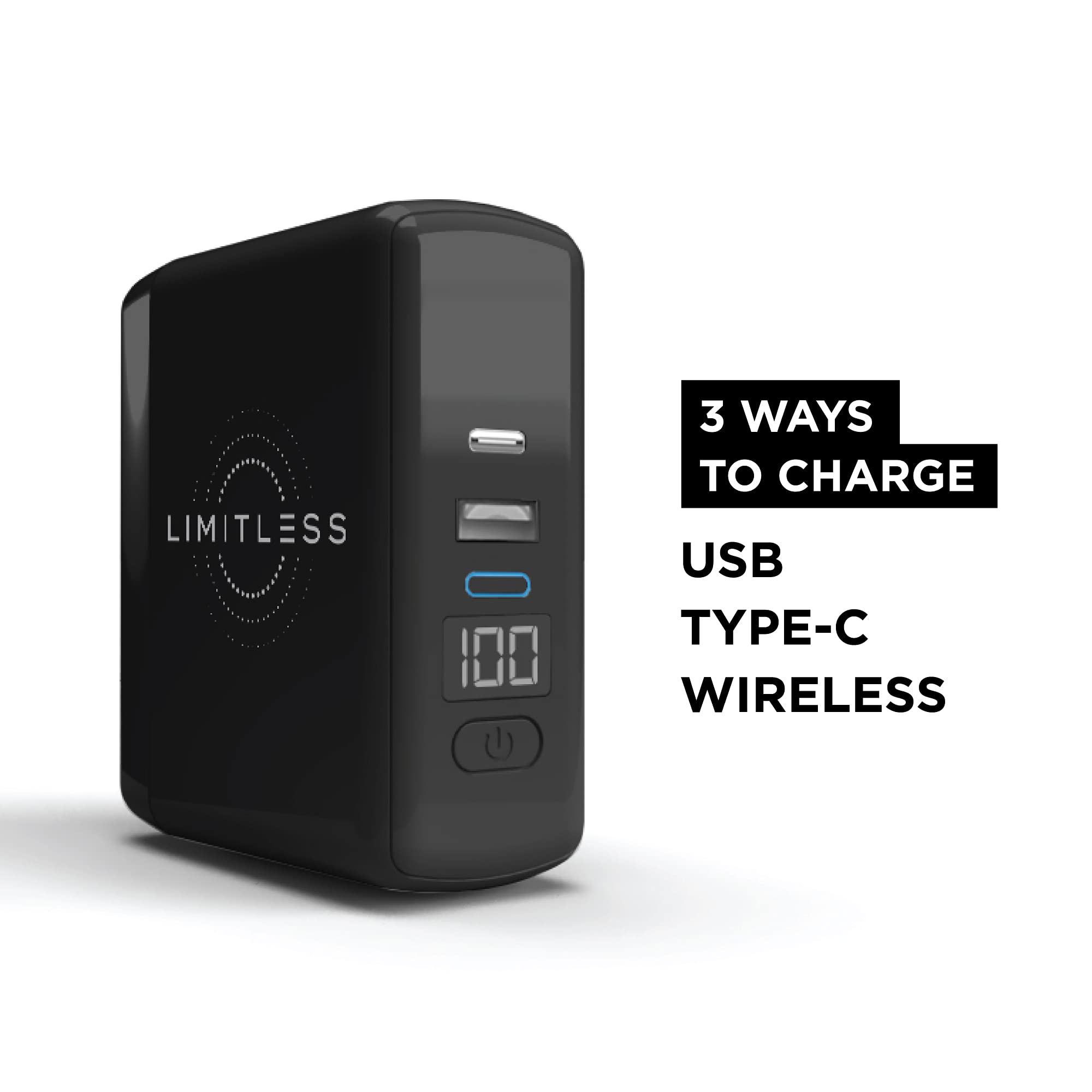 Limitless PowerPro Go 10,000mAh Power Bank 3-in-1 Wall Charger with Type-C Power Delivery, USB-A, & Qi Wireless Charging, Digital Display & Fast Charging for iPhone Android, Samsung (Black)