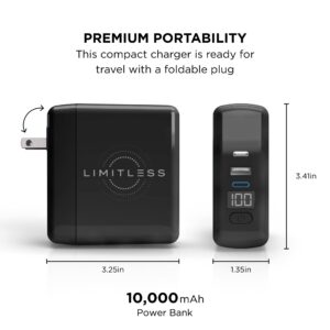 Limitless PowerPro Go 10,000mAh Power Bank 3-in-1 Wall Charger with Type-C Power Delivery, USB-A, & Qi Wireless Charging, Digital Display & Fast Charging for iPhone Android, Samsung (Black)