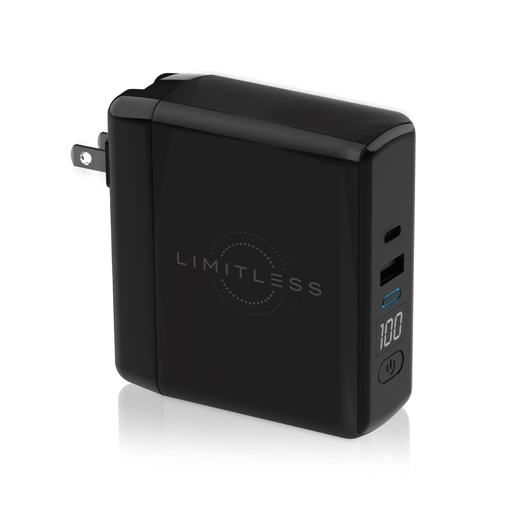 Limitless PowerPro Go 10,000mAh Power Bank 3-in-1 Wall Charger with Type-C Power Delivery, USB-A, & Qi Wireless Charging, Digital Display & Fast Charging for iPhone Android, Samsung (Black)