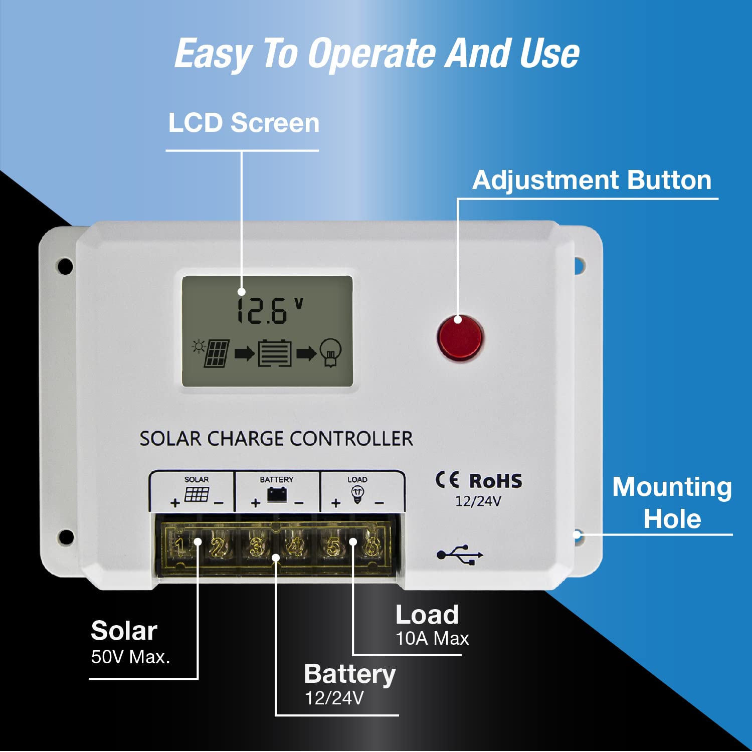 ExpertPower 10A 12/24V Intelligent PWM Solar Charge Controller with Adjustable Parameter LCD Display, Dual USB Ports, for AGM, Gel, LiFePO4